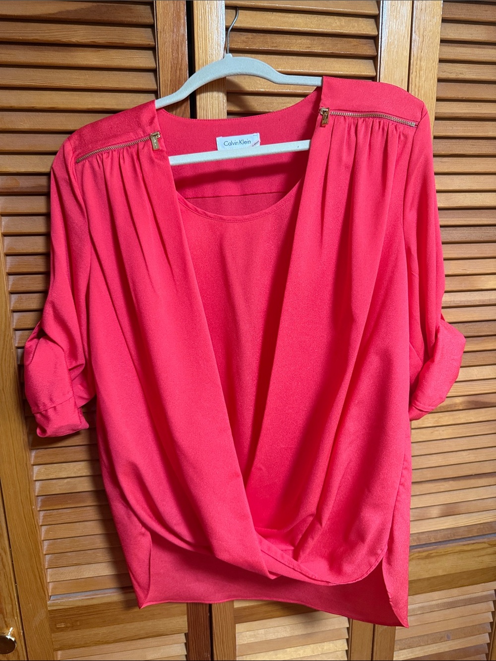 Calvin Klein Coral Pink Draped Zip-Shoulder Blouse size Large
